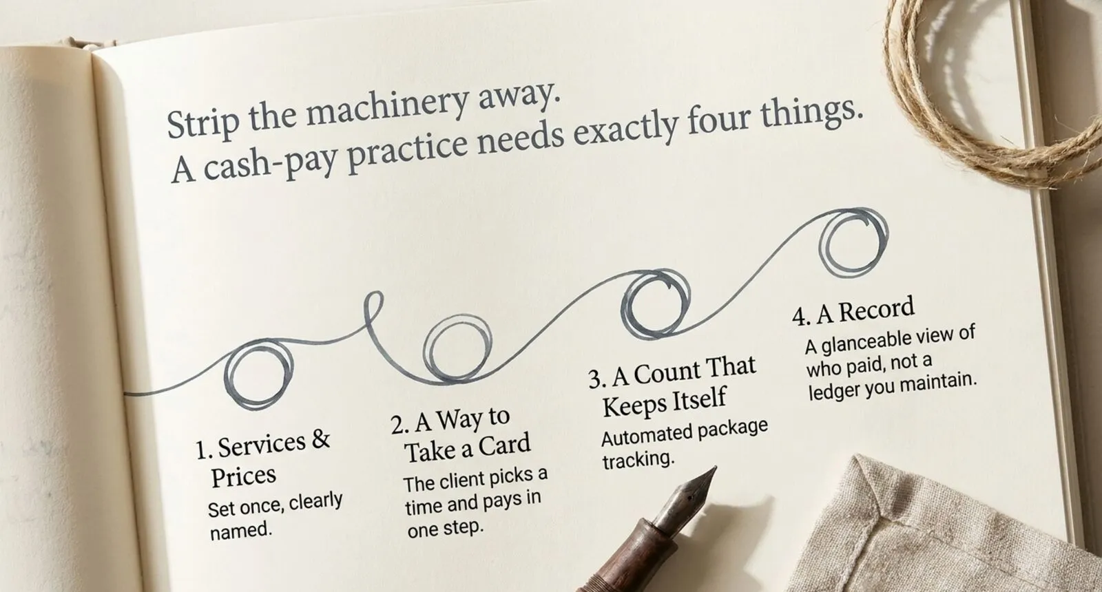 A hand-drawn looping line connecting the four requirements of a cash-pay practice: services and prices, a way to take a card, a count that keeps itself, and a record