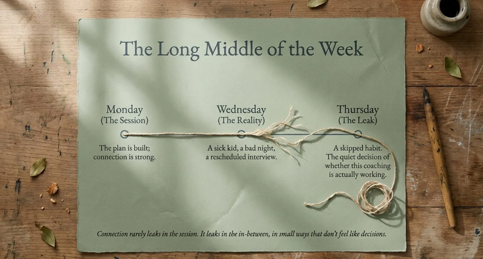 A timeline on sage paper titled The Long Middle of the Week: Monday, the session, when the plan is built; Wednesday, a sick kid and a bad night; Thursday, the leak, a skipped habit and the quiet decision about whether the coaching is working, with the string fraying between them