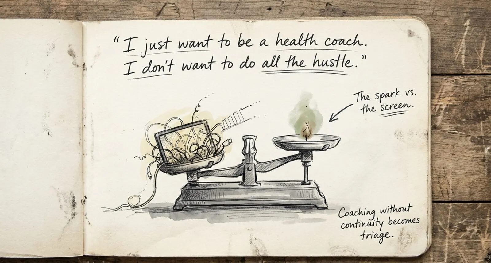 Notebook sketch: the quote 'I just want to be a health coach. I don't want to do all the hustle' above a balance scale. One pan holds a tangled laptop and cables, the other a small candle flame labeled 'the spark vs. the screen.' Margin note: coaching without continuity becomes triage.