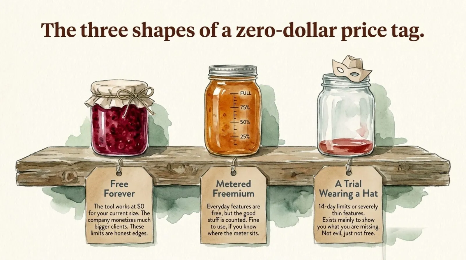 Three jars on a wooden shelf under the heading 'The three shapes of a zero-dollar price tag,' each with a hanging kraft tag. A cloth-topped jar of jam labeled 'Free Forever' (works at $0 for your size; the limits are honest edges); a measuring jar marked with a FULL/75/50/25% gauge labeled 'Metered Freemium' (the good stuff is counted; fine if you know where the meter sits); and a nearly empty jar wearing a paper party hat labeled 'A Trial Wearing a Hat' (14-day limits or thin features that exist to show what you're missing).