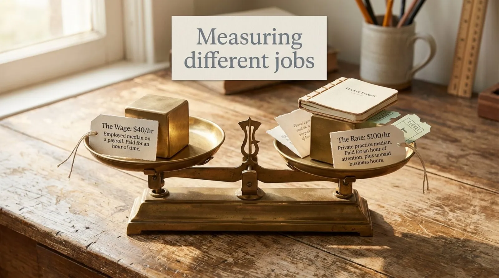 Brass balance scale on a wooden desk under a card titled 'Measuring different jobs': a brass weight on one pan tagged 'The Wage: $40/hr, employed median on a payroll, paid for an hour of time', and a small ledger with receipts on the other pan tagged 'The Rate: $100/hr, private practice median, paid for an hour of attention plus unpaid business hours'.