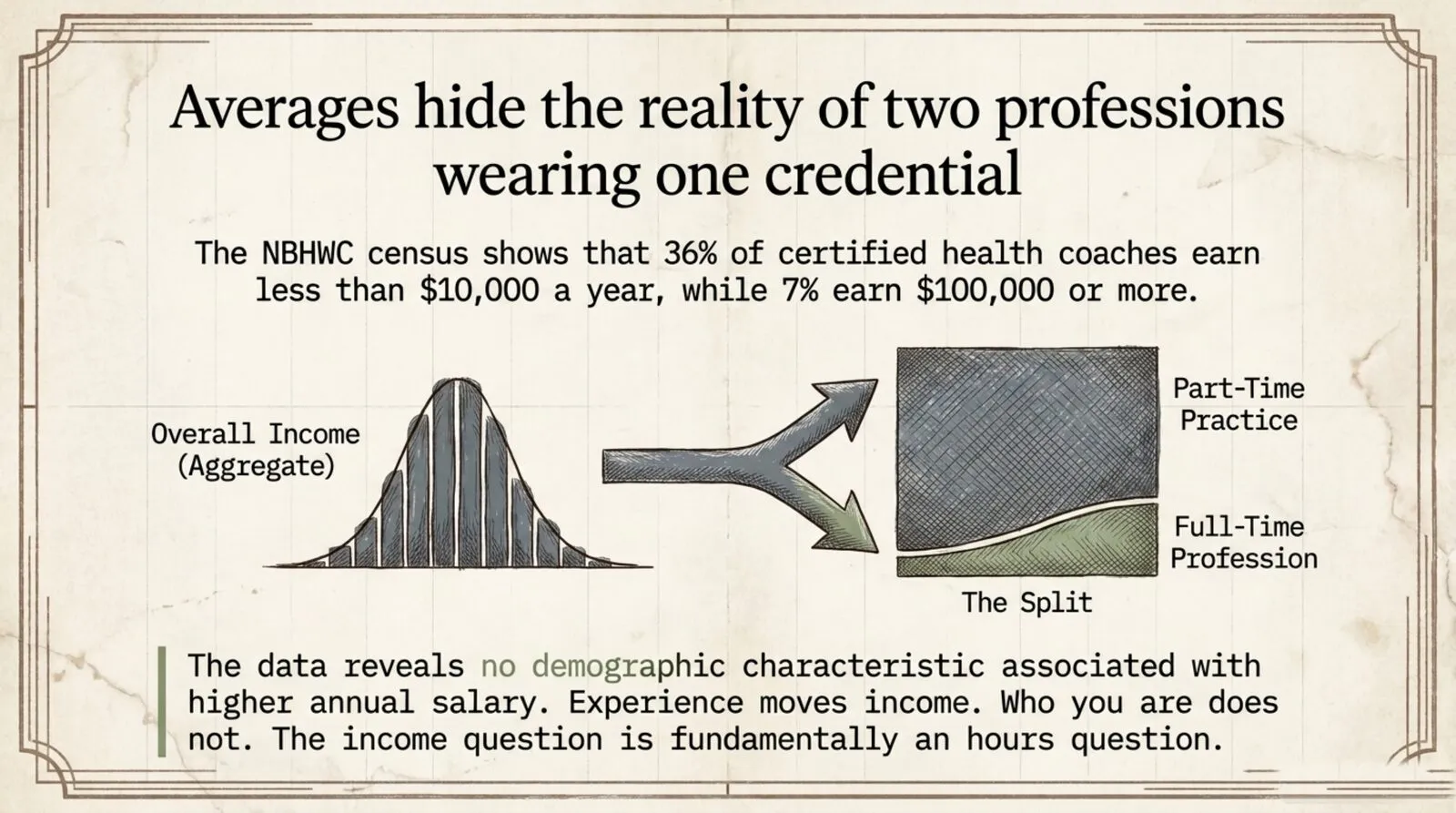 Hand-inked diagram titled 'Averages hide the reality of two professions wearing one credential.' A bell curve labeled 'Overall Income (Aggregate)' splits along a forked arrow into two shaded regions labeled 'Part-Time Practice' and 'Full-Time Profession,' captioned: the data reveals no demographic characteristic associated with higher annual salary; experience moves income, who you are does not; the income question is fundamentally an hours question.