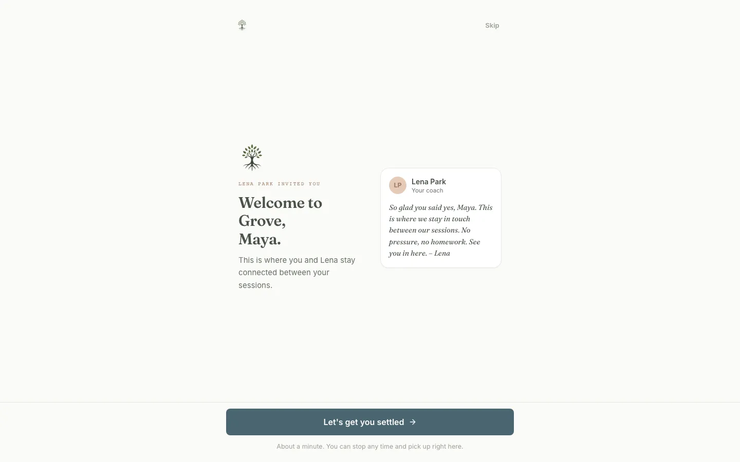 The client welcome screen: the coach's name and a short personal note from her, with the promise that setup takes about a minute and can be paused any time