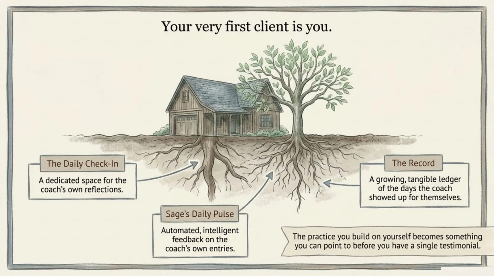 A hand-drawn house and leafing tree sharing one root system underground, labeled with the daily check-in, Sage's Daily Pulse, and the record of days the coach showed up