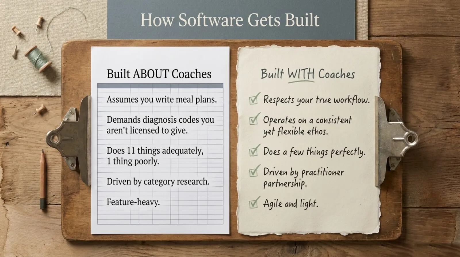 Two clipboards side by side on a wooden table. The left one, headed 'Built ABOUT Coaches' on lined form paper, reads: assumes you write meal plans; demands diagnosis codes you aren't licensed to give; does 11 things adequately, 1 thing poorly; driven by category research; feature-heavy. The right one, headed 'Built WITH Coaches' in handwriting on torn cream paper, has green checkmarks beside: respects your true workflow; operates on a consistent yet flexible ethos; does a few things perfectly; driven by practitioner partnership; agile and light.