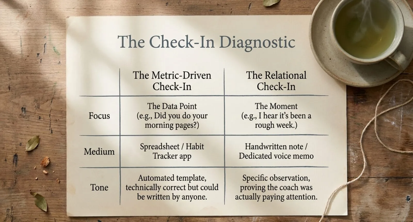 A table titled The Check-In Diagnostic comparing a metric-driven check-in (the data point, a habit tracker, an automated template) with a relational check-in (the moment, a handwritten note or voice memo, a specific observation that proves the coach was paying attention)