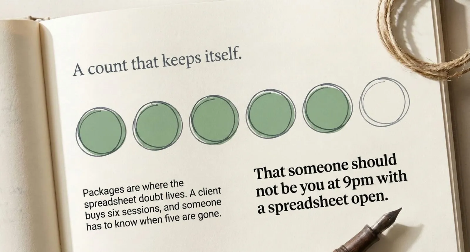 Six hand-drawn circles, five filled in sage green, beside the line that the someone tracking a package balance should not be you at 9pm with a spreadsheet open