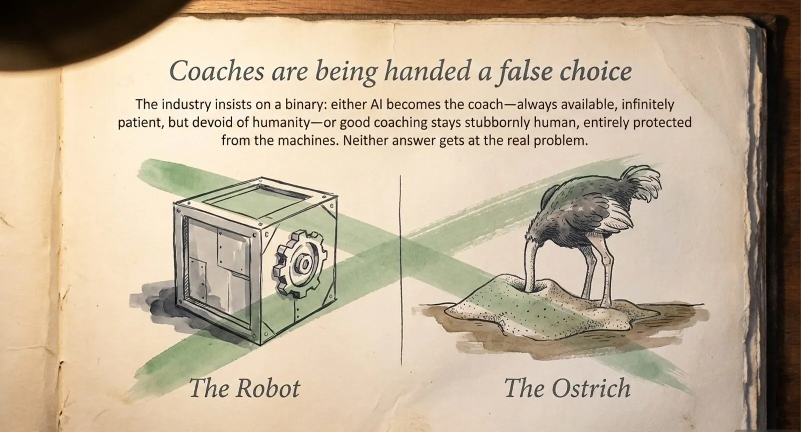 A watercolor two-panel titled "Coaches are being handed a false choice." On the left, a mechanical box labeled The Robot; on the right, an ostrich with its head buried in sand labeled The Ostrich; each is struck through with a green X.