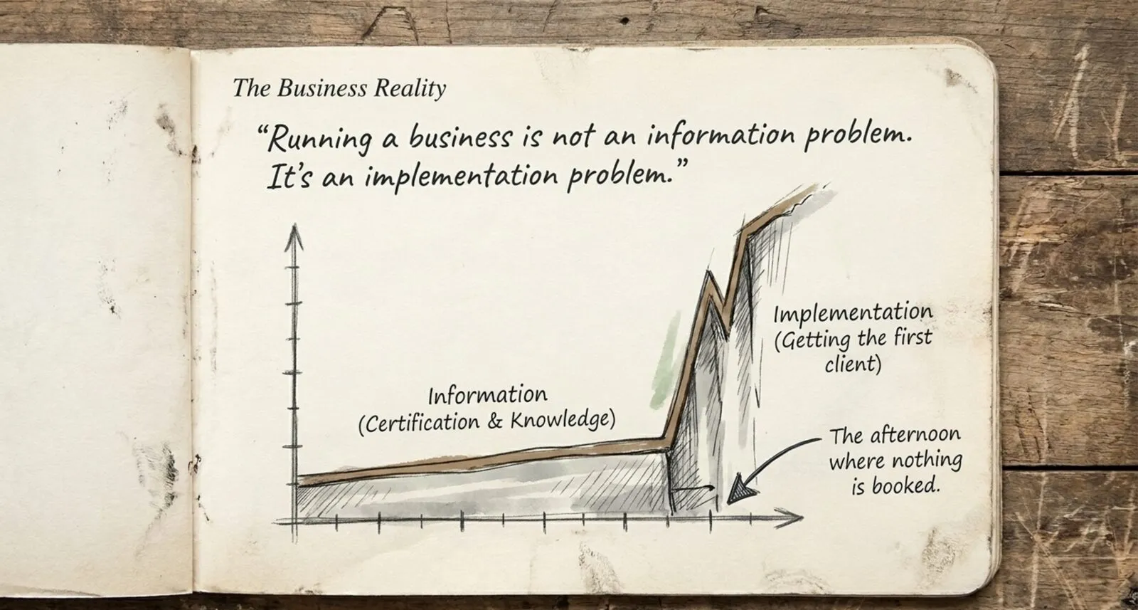 Notebook sketch titled 'The Business Reality' with the quote 'Running a business is not an information problem. It's an implementation problem.' A hand-drawn graph rises gently through 'Information (certification and knowledge)' then climbs steeply at 'Implementation (getting the first client),' with an arrow to 'the afternoon where nothing is booked.'