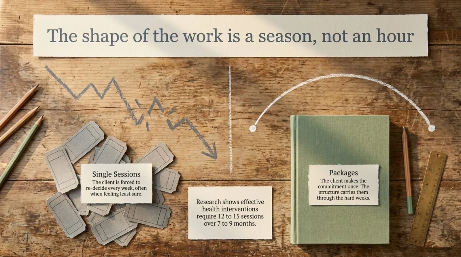Still life on a wooden desk titled 'The shape of the work is a season, not an hour': a scattered pile of paper tickets labeled 'Single sessions, the client is forced to re-decide every week, often when feeling least sure' under a jagged chalk line, beside a sage-green clothbound book labeled 'Packages, the client makes the commitment once, the structure carries them through the hard weeks' under a smooth chalk arc, with a small card noting the research literature's 12 to 15 sessions over 7 to 9 months.