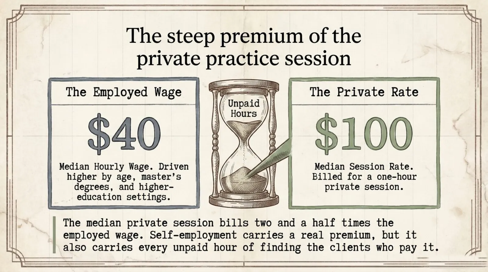 Two-panel almanac plate titled 'The steep premium of the private practice session.' An engraved hourglass labeled 'Unpaid Hours' sits between a slate panel reading 'The Employed Wage: $40 median hourly wage' and a sage panel reading 'The Private Rate: $100 median session rate,' captioned: the median private session bills two and a half times the employed wage; self-employment carries a real premium, but it also carries every unpaid hour of finding the clients who pay it.