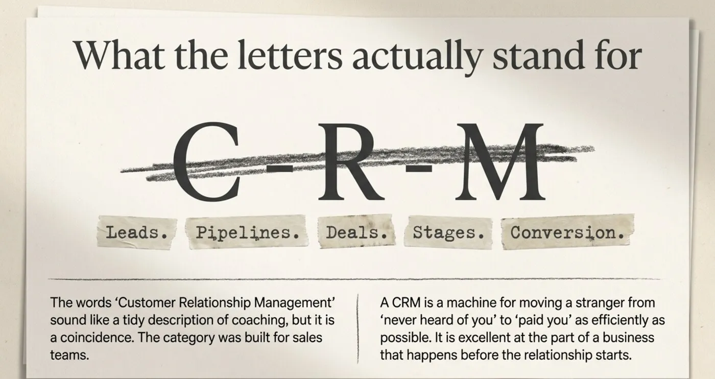 The letters C-R-M struck through with pencil under the heading 'What the letters actually stand for,' with taped labels reading Leads, Pipelines, Deals, Stages, Conversion. A note explains that 'Customer Relationship Management' only sounds like coaching: the category was built for sales teams, a machine for moving a stranger from never heard of you to paid you.