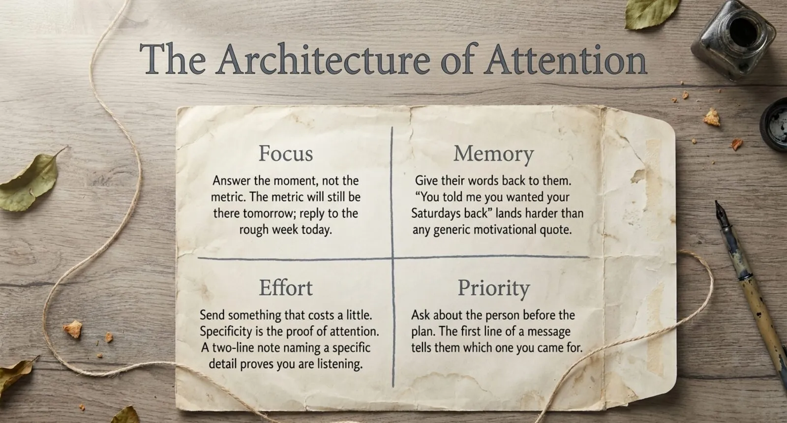 A worn envelope titled The Architecture of Attention, divided into four: Focus, answer the moment not the metric; Memory, give their words back to them; Effort, send something that costs a little; Priority, ask about the person before the plan