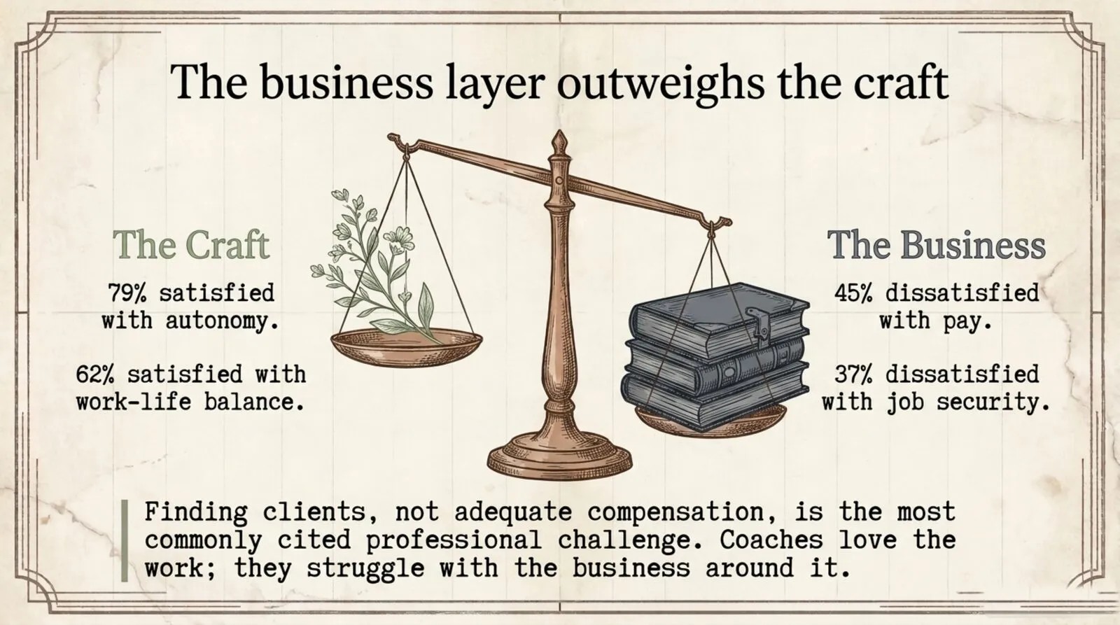 Engraved balance scale titled 'The business layer outweighs the craft.' A flowering sprig labeled 'The Craft' (79% satisfied with autonomy, 62% satisfied with work-life balance) is outweighed by a stack of ledger books labeled 'The Business' (45% dissatisfied with pay, 37% dissatisfied with job security), captioned: finding clients, not adequate compensation, is the most commonly cited professional challenge; coaches love the work, they struggle with the business around it.