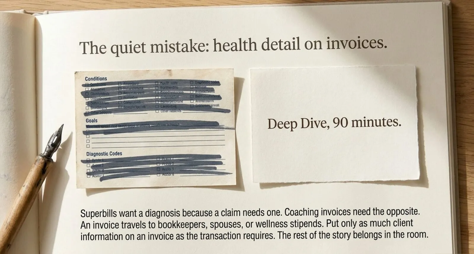 A redacted superbill full of crossed-out conditions and diagnostic codes next to a clean slip of paper reading only Deep Dive, 90 minutes