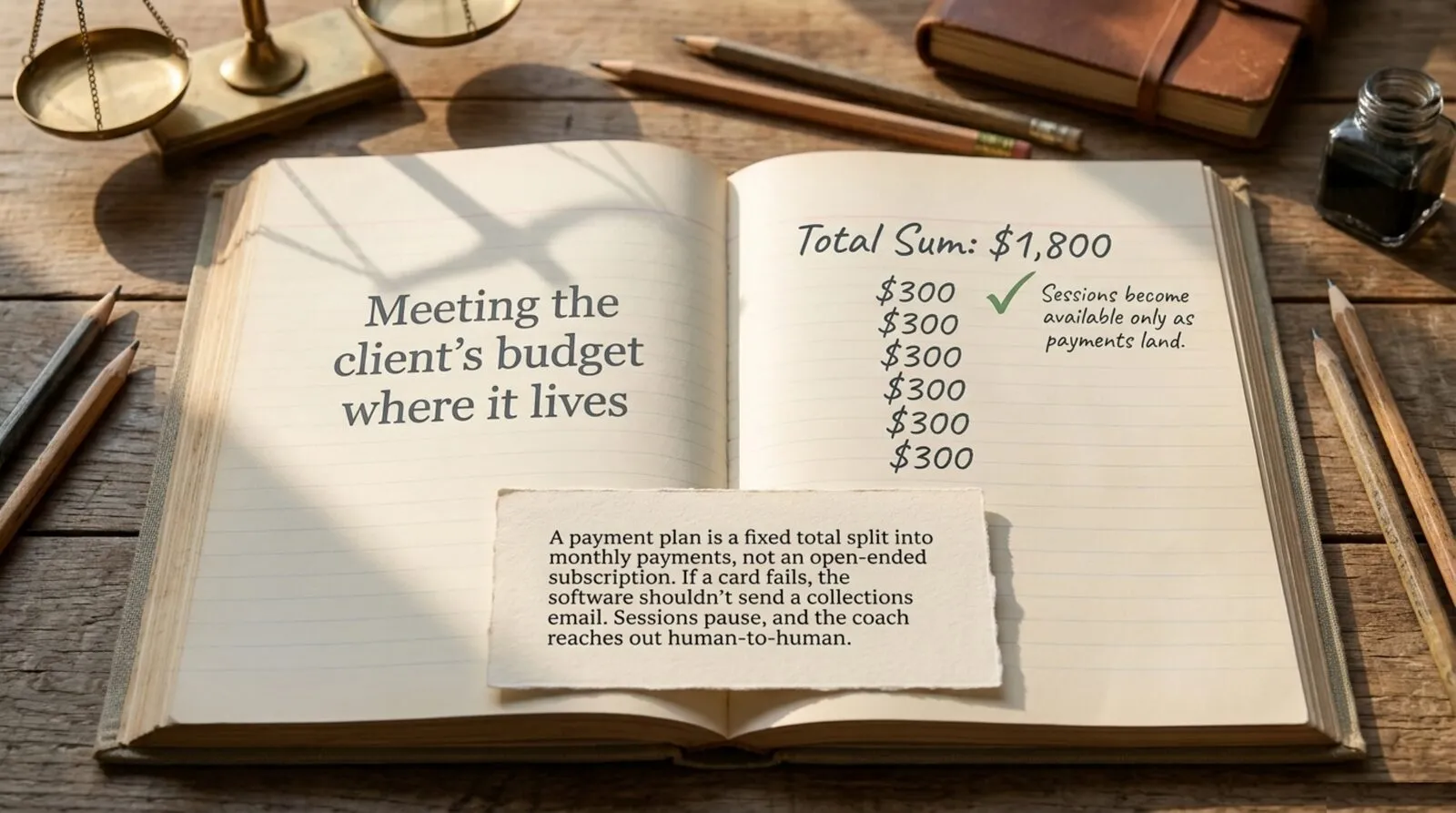 Open notebook on a wooden desk titled 'Meeting the client's budget where it lives': a handwritten column of six $300 payments under 'Total sum: $1,800', a check mark noting that sessions become available only as payments land, and a torn paper note saying a payment plan is a fixed total split into monthly payments, not an open-ended subscription, and that if a card fails the software should not send a collections email; sessions pause and the coach reaches out human to human.