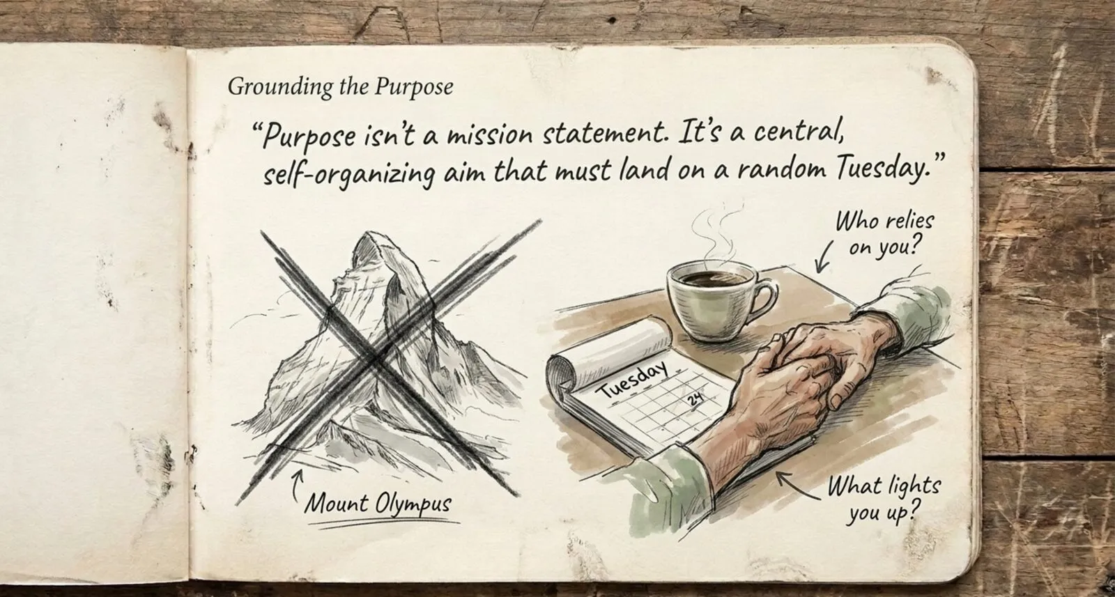 Notebook sketch titled 'Grounding the Purpose': a crossed-out Mount Olympus on the left, and on the right a hand resting beside a coffee cup and a calendar open to Tuesday, with margin notes 'Who relies on you?' and 'What lights you up?'