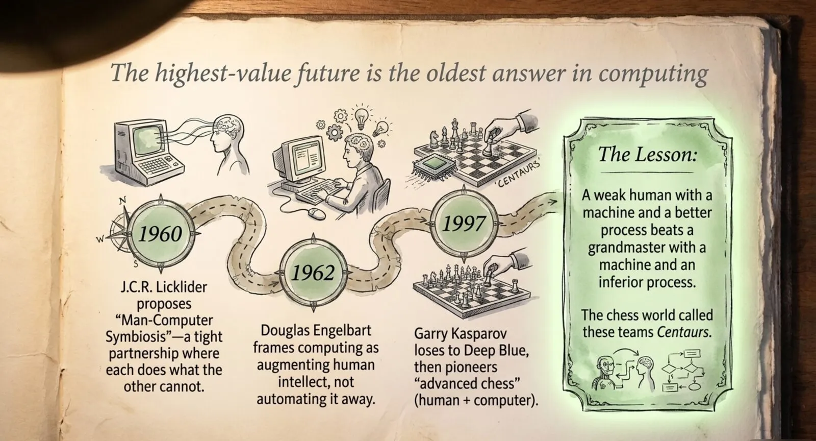 An illustrated timeline titled "The highest-value future is the oldest answer in computing": 1960, Licklider proposes man-computer symbiosis; 1962, Engelbart frames computing as augmenting human intellect; 1997, Kasparov loses to Deep Blue and then pioneers advanced chess. A panel titled The Lesson reads: a weak human with a machine and a better process beats a grandmaster with a machine and an inferior process; the chess world called these teams centaurs.