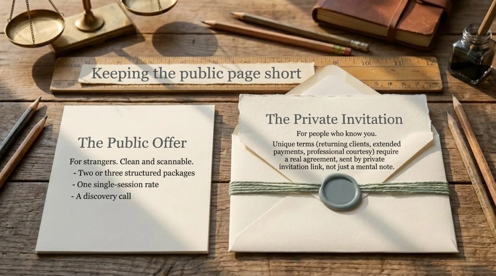 Two cards on a wooden desk under a ruler-shaped title 'Keeping the public page short': a plain card headed 'The Public Offer, for strangers, clean and scannable', listing two or three structured packages, one single-session rate, and a discovery call; and an envelope tied with sage twine and a wax seal headed 'The Private Invitation, for people who know you', noting that unique terms such as returning clients, extended payments, or professional courtesy require a real agreement sent by private invitation link, not just a mental note.