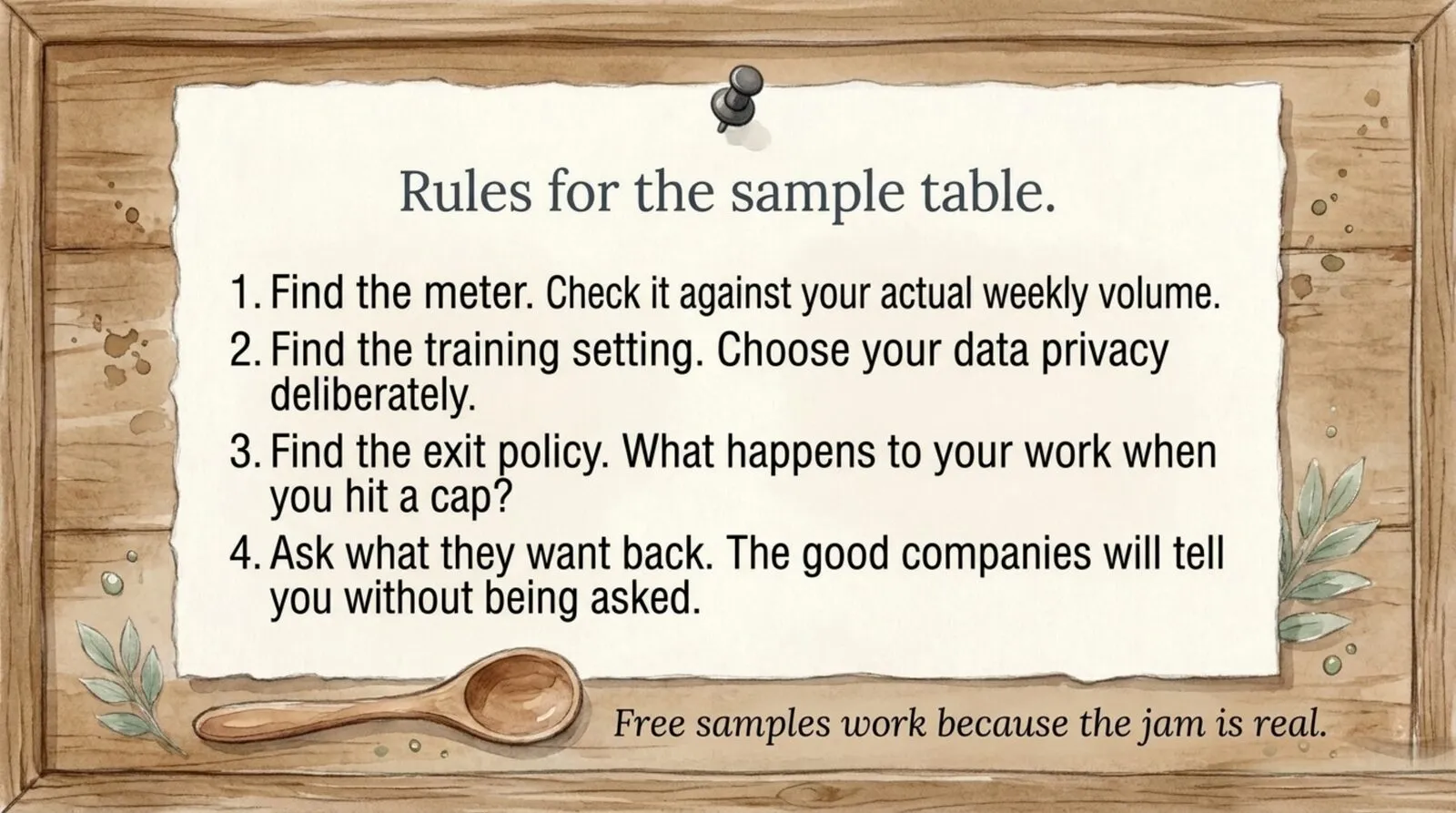 A pinned note headed 'Rules for the sample table,' with a wooden spoon resting below. 1. Find the meter and check it against your actual weekly volume. 2. Find the training setting and choose your data privacy deliberately. 3. Find the exit policy: what happens to your work when you hit a cap? 4. Ask what they want back; the good companies will tell you without being asked. Footer, in italics: 'Free samples work because the jam is real.'