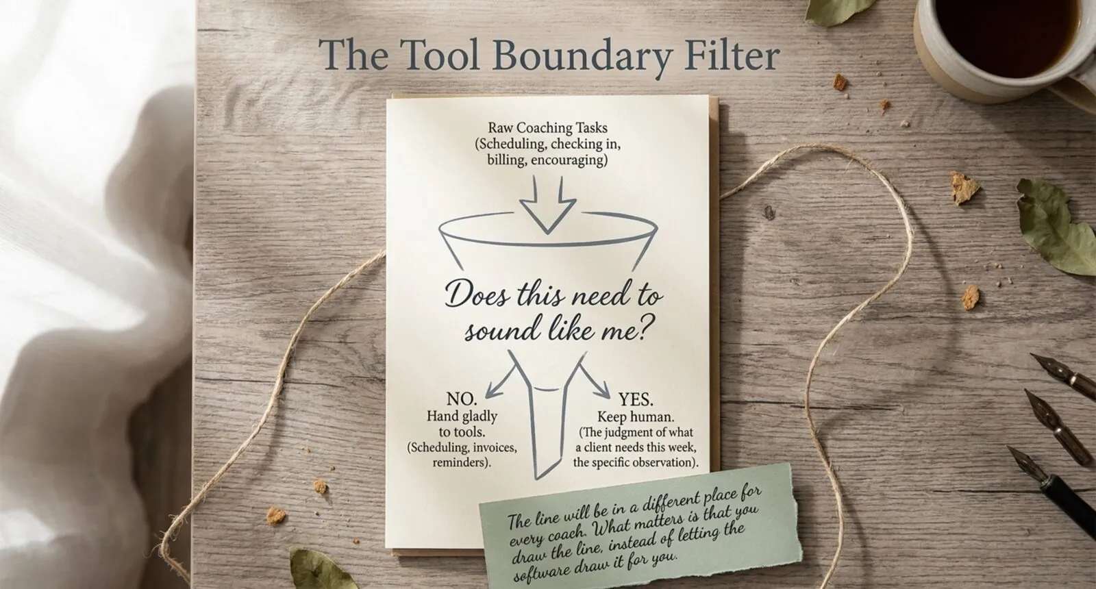 A hand-drawn funnel titled The Tool Boundary Filter asking Does this need to sound like me? No sends scheduling, invoices and reminders to tools; yes keeps the judgment and the specific observation human