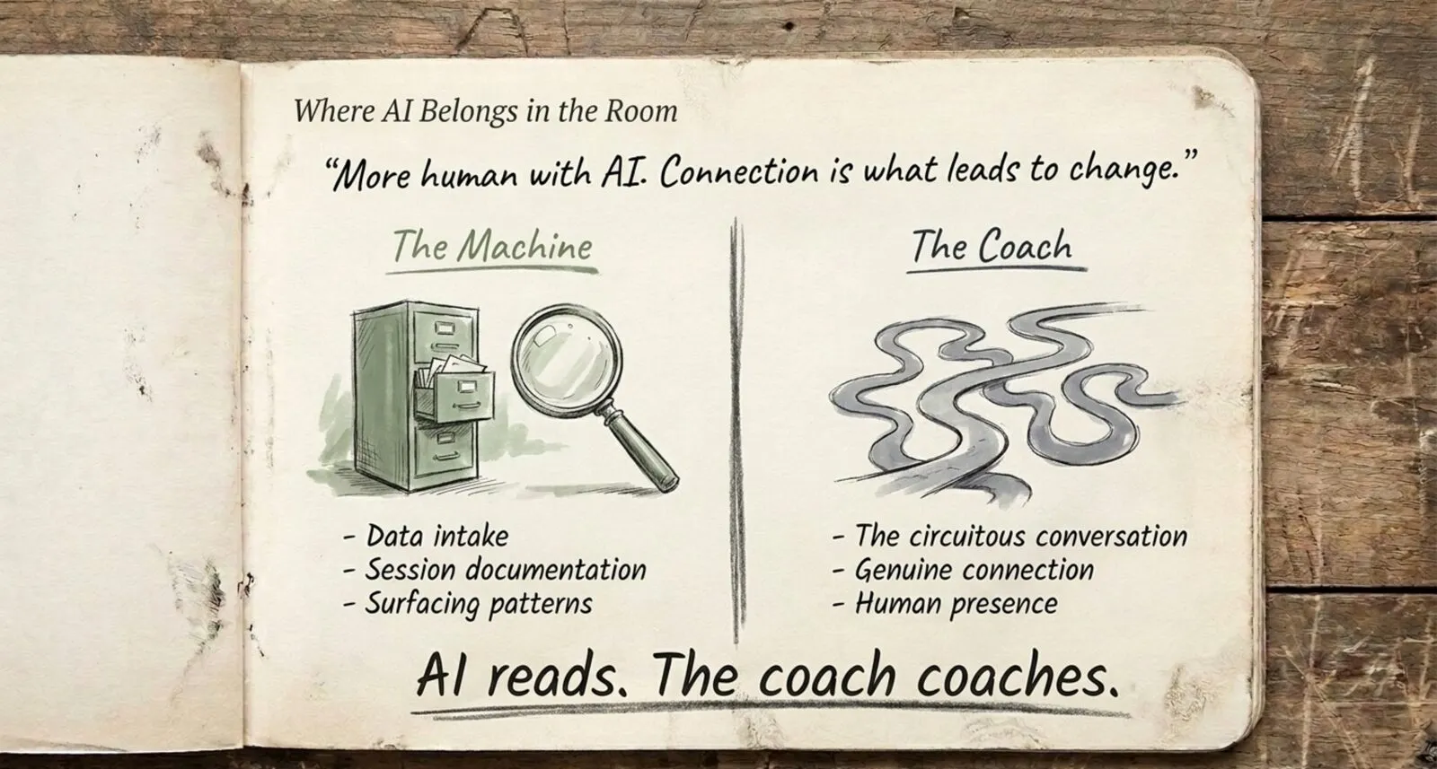 Notebook sketch titled 'Where AI Belongs in the Room' with the quote 'More human with AI. Connection is what leads to change.' Two columns: The Machine (a filing cabinet and magnifying glass: data intake, session documentation, surfacing patterns) and The Coach (a winding river: the circuitous conversation, genuine connection, human presence). Underlined at the bottom: AI reads. The coach coaches.