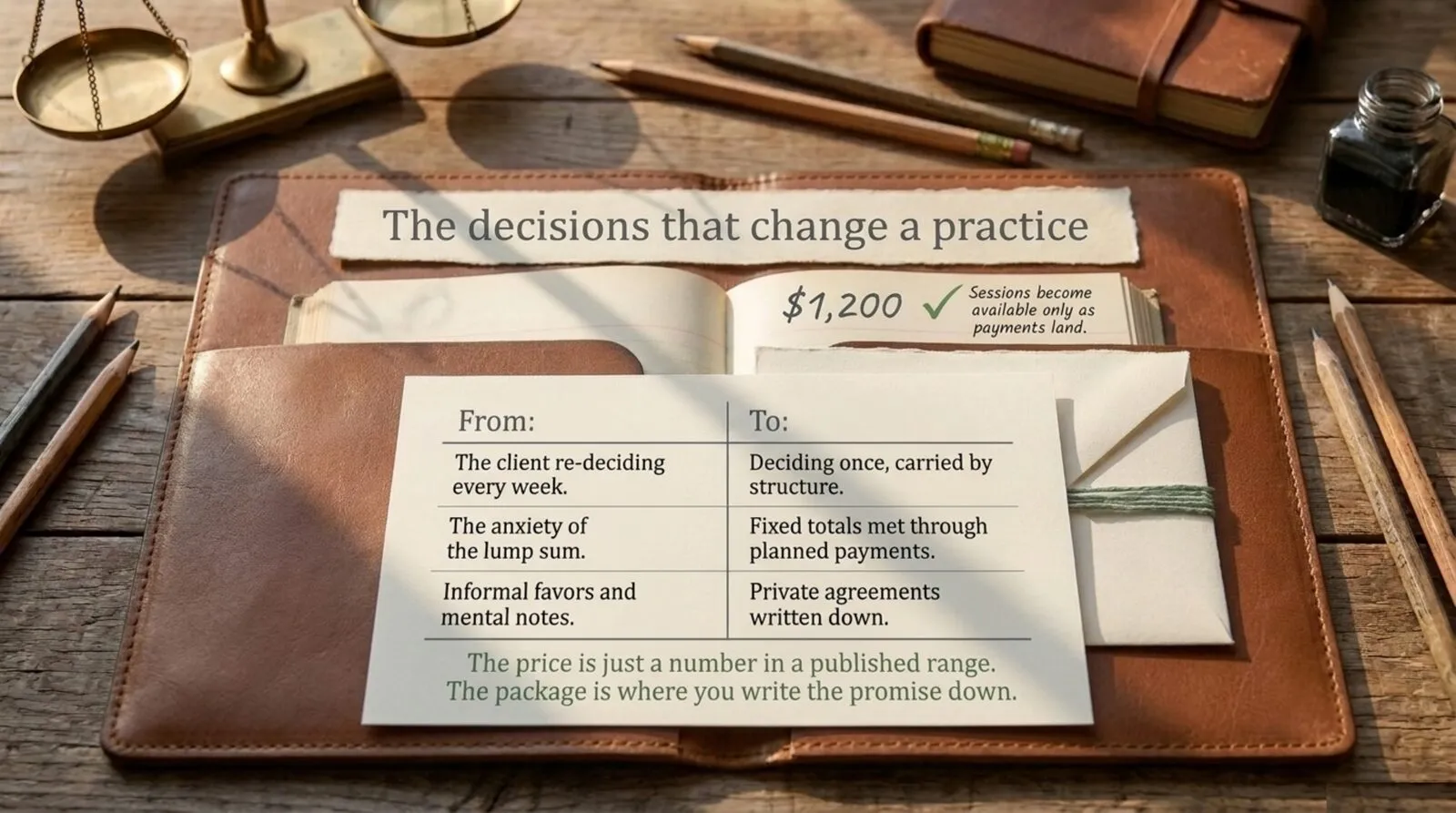 Leather folio on a wooden desk titled 'The decisions that change a practice', holding a from-and-to card: from the client re-deciding every week, to deciding once, carried by structure; from the anxiety of the lump sum, to fixed totals met through planned payments; from informal favors and mental notes, to private agreements written down; captioned 'The price is just a number in a published range. The package is where you write the promise down.'