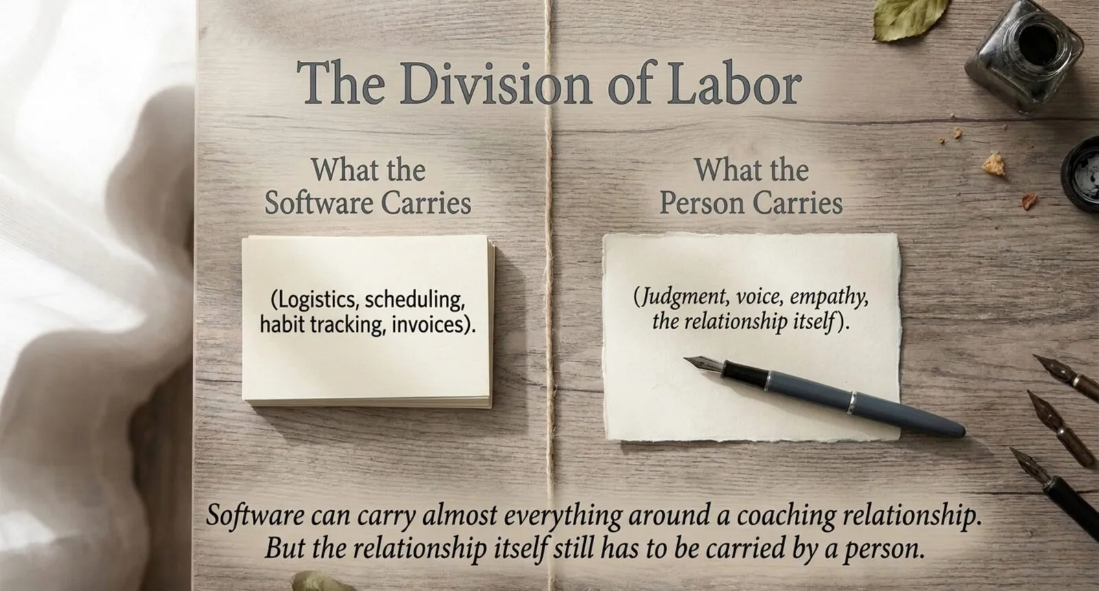 A wooden table split by a string titled The Division of Labor: what the software carries (logistics, scheduling, habit tracking, invoices) and what the person carries (judgment, voice, empathy, the relationship itself), with a fountain pen