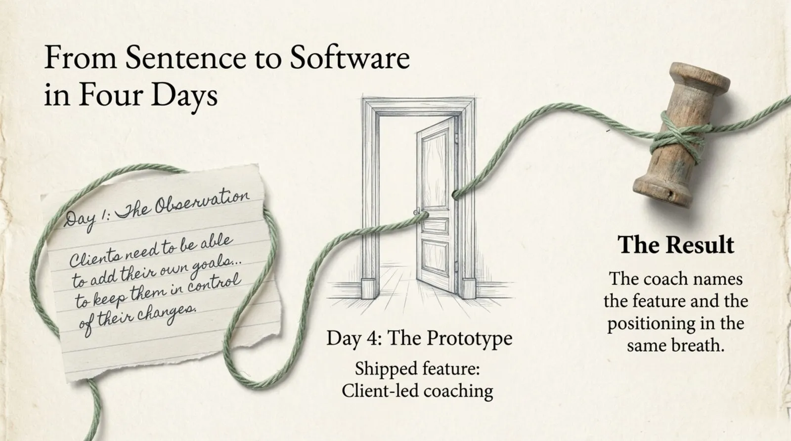 On cream paper, a torn handwritten note labelled 'Day 1: The Observation' reads that clients need to be able to add their own goals to keep them in control of their changes. A length of green thread runs from the note through a sketched open door labelled 'Day 4: The Prototype, shipped feature: client-led coaching' and winds around a wooden spool on the right, beside the words 'The Result: the coach names the feature and the positioning in the same breath.'