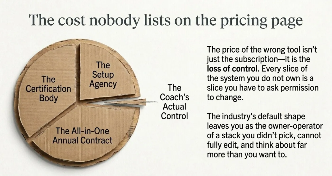 A pie chart made of torn cardboard titled 'The cost nobody lists on the pricing page,' divided into large slices for 'The Certification Body,' 'The Setup Agency,' and 'The All-in-One Annual Contract,' leaving only a thin sliver labeled 'The Coach's Actual Control.' A note reads that the price of the wrong tool is not just the subscription, it is the loss of control: every slice you do not own is one you must ask permission to change.
