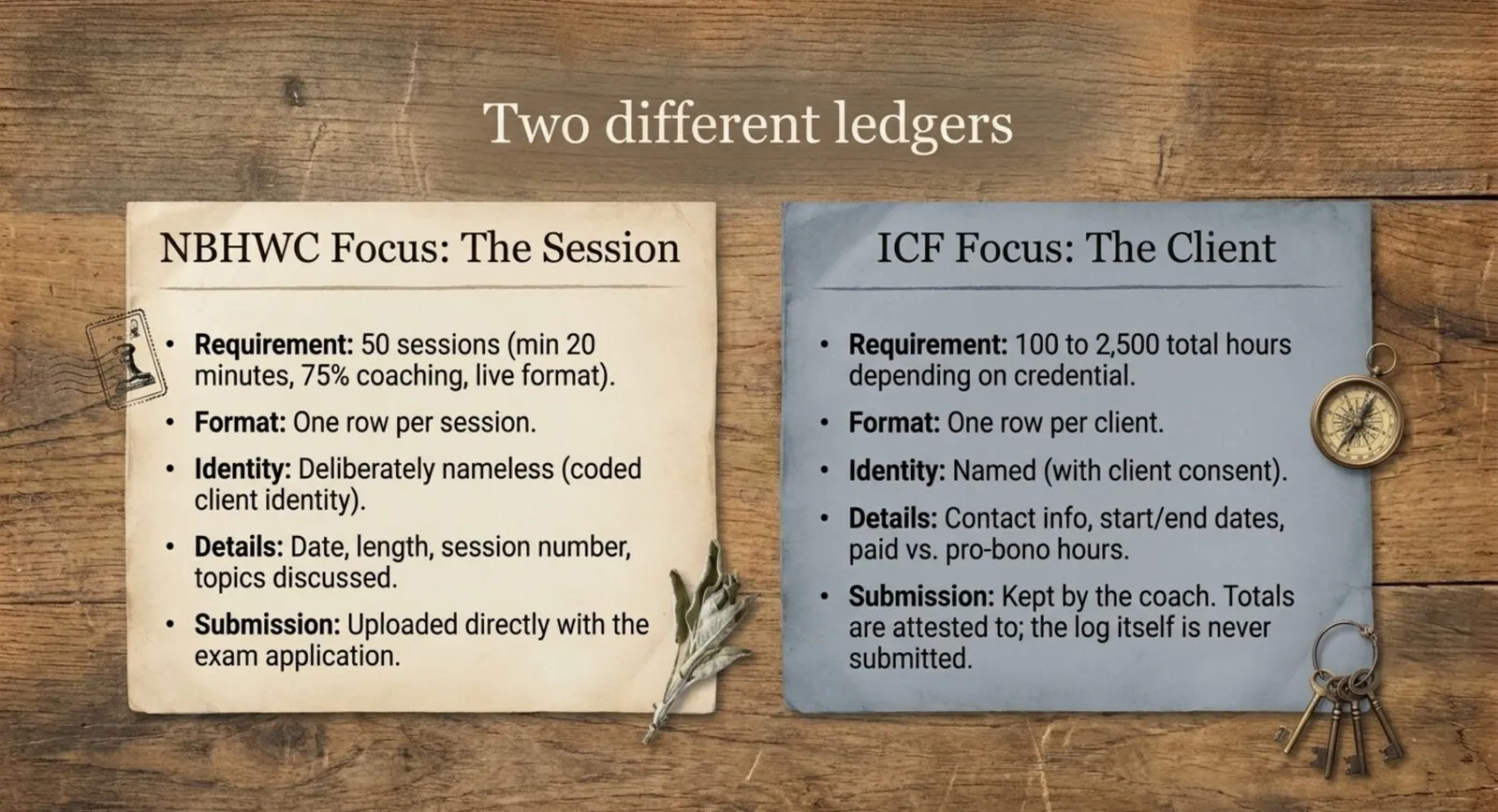 Two paper panels on a wooden desk compare the two logs: NBHWC's one nameless row per session and ICF's one named row per client.