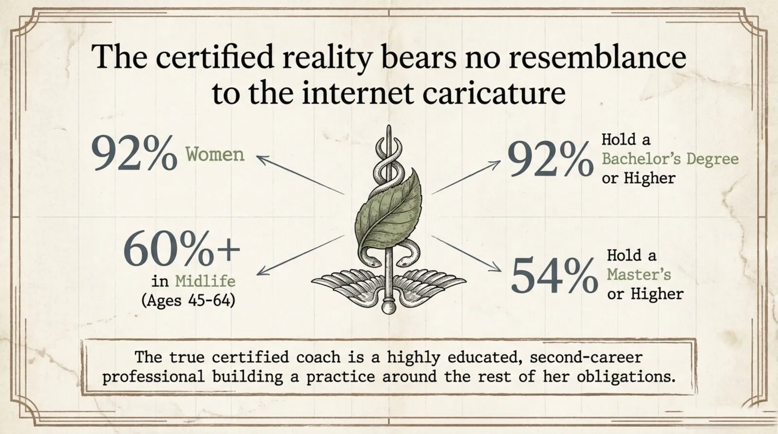 Engraved caduceus wrapped in a sage leaf, titled 'The certified reality bears no resemblance to the internet caricature,' with four stats arranged around it: 92% women, over 60% in midlife (ages 45-64), 92% hold a bachelor's degree or higher, 54% hold a master's or higher, captioned: the true certified coach is a highly educated, second-career professional building a practice around the rest of her obligations.