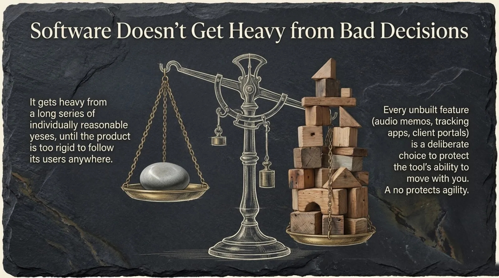 On dark slate, an engraved antique balance scale. One pan holds a single smooth grey stone and hangs low; the other holds a tall, precarious stack of wooden blocks and rides high. Heading: 'Software Doesn't Get Heavy from Bad Decisions.' Left text: it gets heavy from a long series of individually reasonable yeses, until the product is too rigid to follow its users anywhere. Right text: every unbuilt feature is a deliberate choice to protect the tool's ability to move with you.