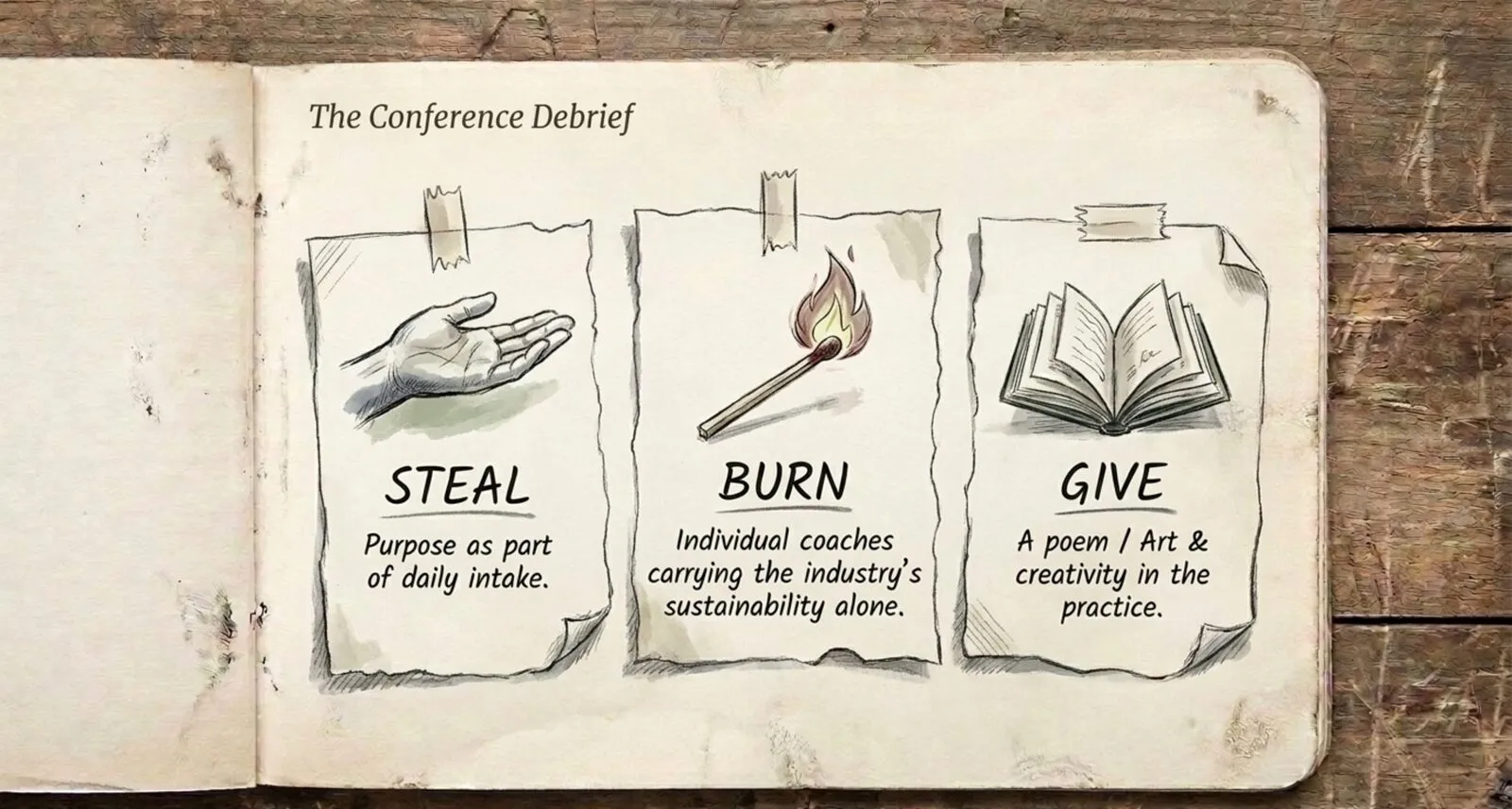 Notebook sketch titled 'The Conference Debrief': three taped scraps of paper reading Steal (an open hand: purpose as part of daily intake), Burn (a lit match: individual coaches carrying the industry's sustainability alone), and Give (an open book: a poem, art and creativity in the practice).