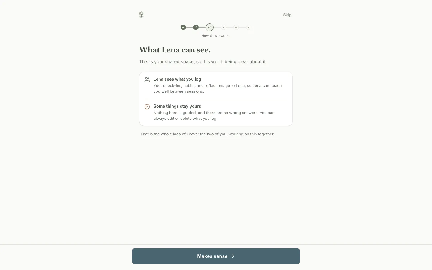 The transparency screen, What your coach can see: check-ins, habits, and reflections go to the coach, and some things stay yours