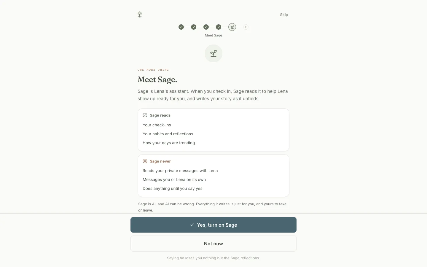 The Meet Sage screen: what Sage reads, what Sage never does, and a plain yes-or-no choice