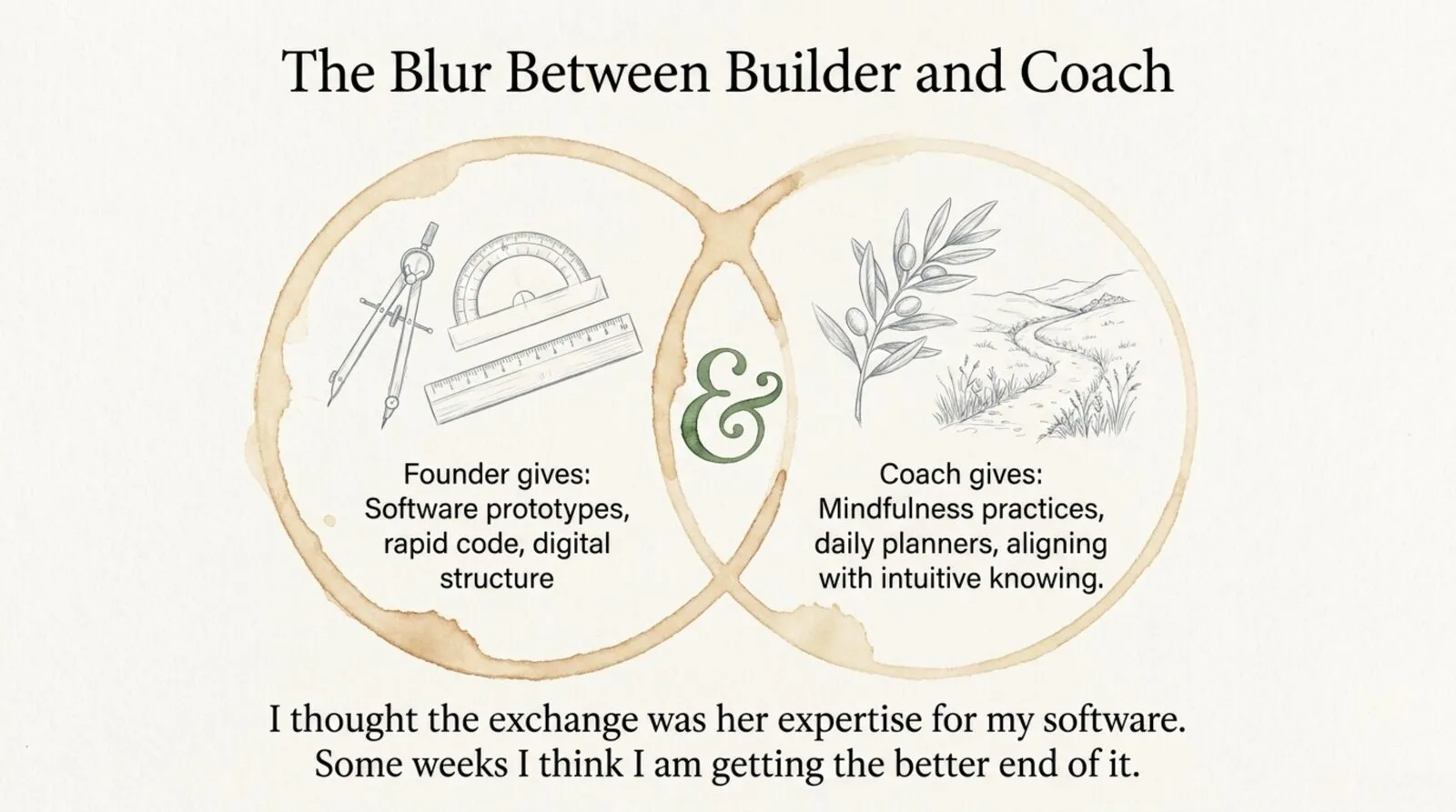 Two overlapping coffee-ring circles on cream paper form a Venn diagram with a green ampersand at the centre, under the heading 'The Blur Between Builder and Coach.' The left circle holds a drawn compass, protractor and ruler, labelled 'Founder gives: software prototypes, rapid code, digital structure.' The right circle holds an olive branch and a winding path through grass, labelled 'Coach gives: mindfulness practices, daily planners, aligning with intuitive knowing.' Below: 'I thought the exchange was her expertise for my software. Some weeks I think I am getting the better end of it.'