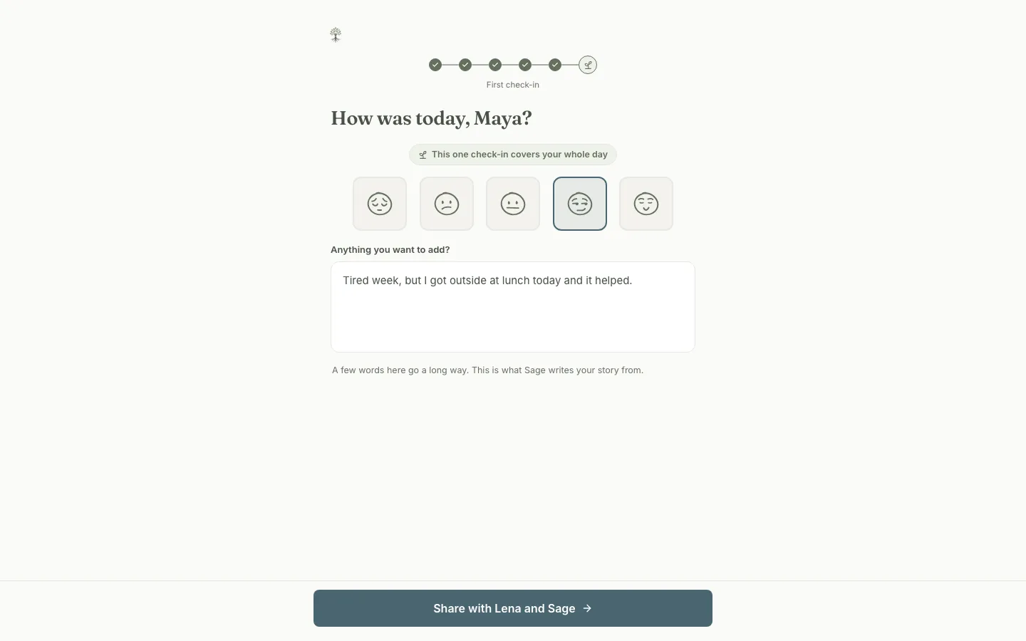 The first check-in inside onboarding: how was today, a few habits, one optional note, and a send button naming the coach and Sage as its readers