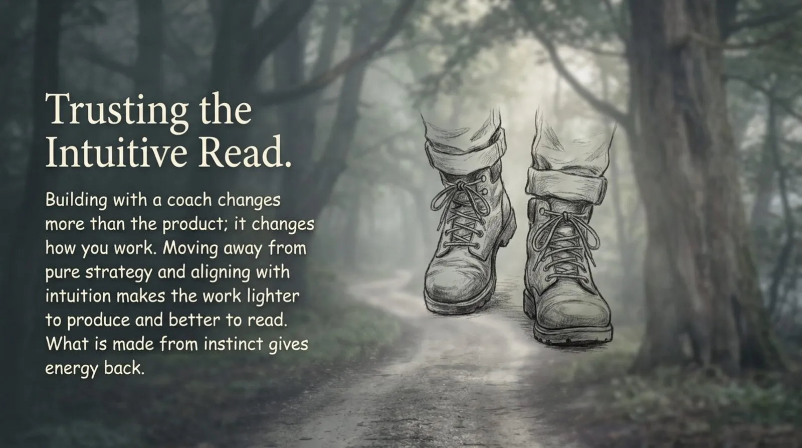 A pencil sketch of a pair of well-worn walking boots on a dirt path winding away into a foggy forest. Heading: 'Trusting the Intuitive Read.' Text: building with a coach changes more than the product, it changes how you work. Moving away from pure strategy and aligning with intuition makes the work lighter to produce and better to read. What is made from instinct gives energy back.