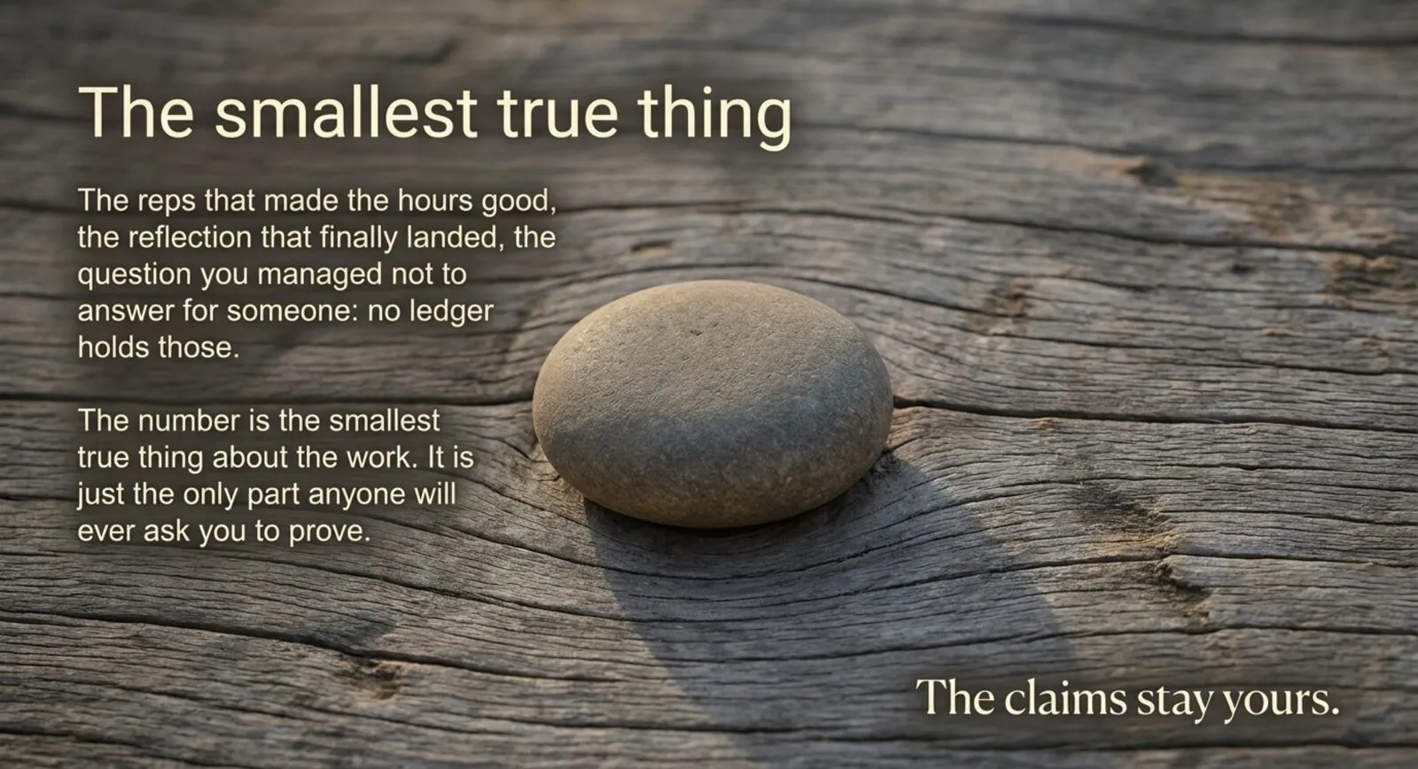 A smooth stone resting in the grain of weathered wood beside the words 'The smallest true thing.'