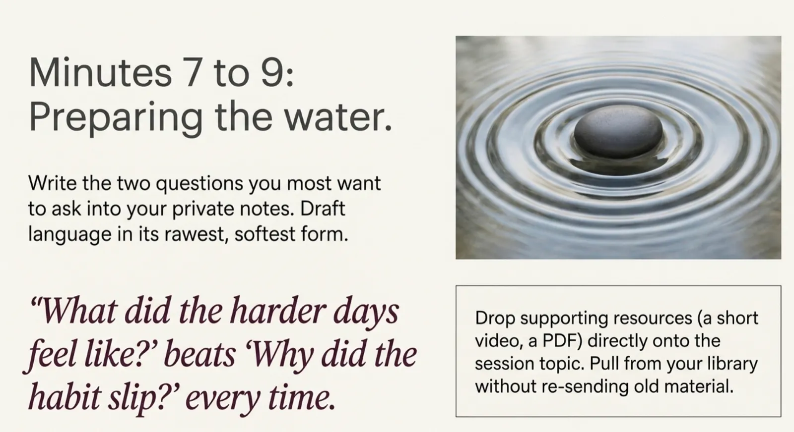 Minutes 7 to 9, preparing the water: a smooth dark stone resting in a shallow pool with concentric ripples spreading outward. Caption reads "Write the two questions you most want to ask into your private notes. Draft language in its rawest, softest form. 'What did the harder days feel like?' beats 'Why did the habit slip?' every time. Drop supporting resources directly onto the session topic. Pull from your library without re-sending old material."
