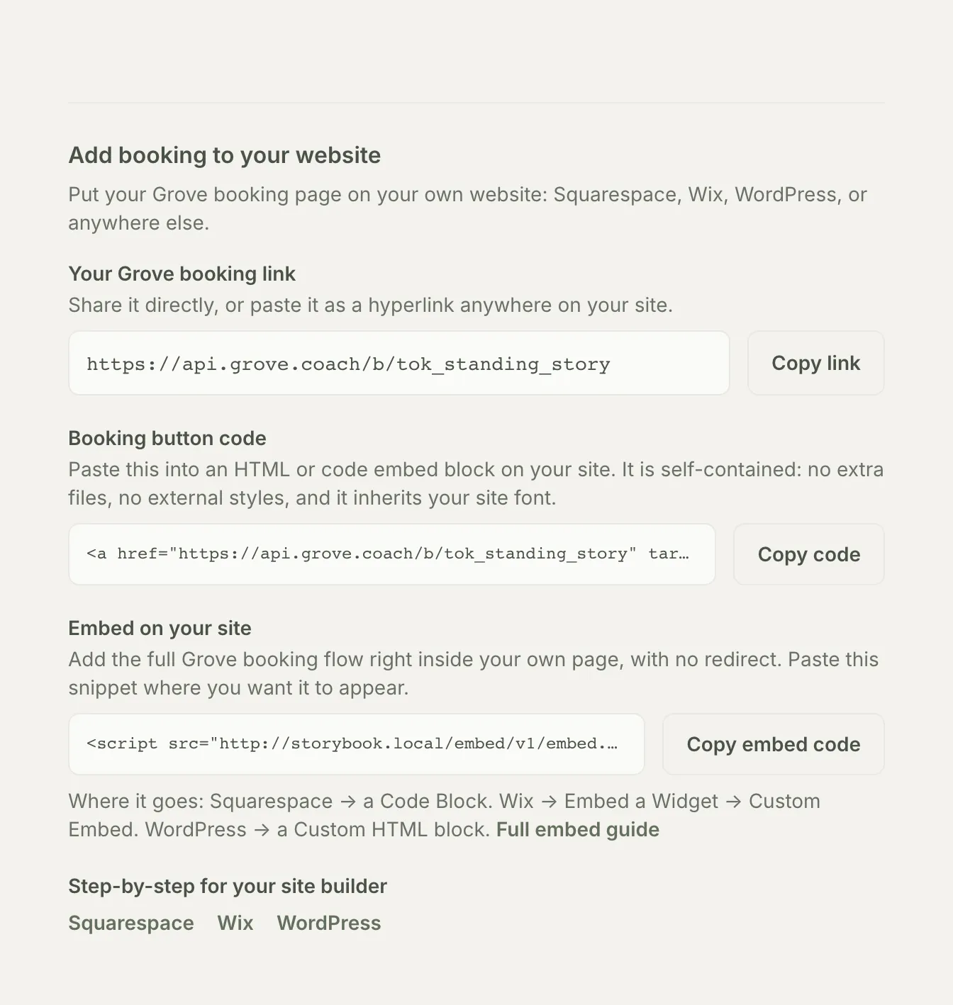 The Embed on your site subsection with the copyable embed snippet and per-builder guidance