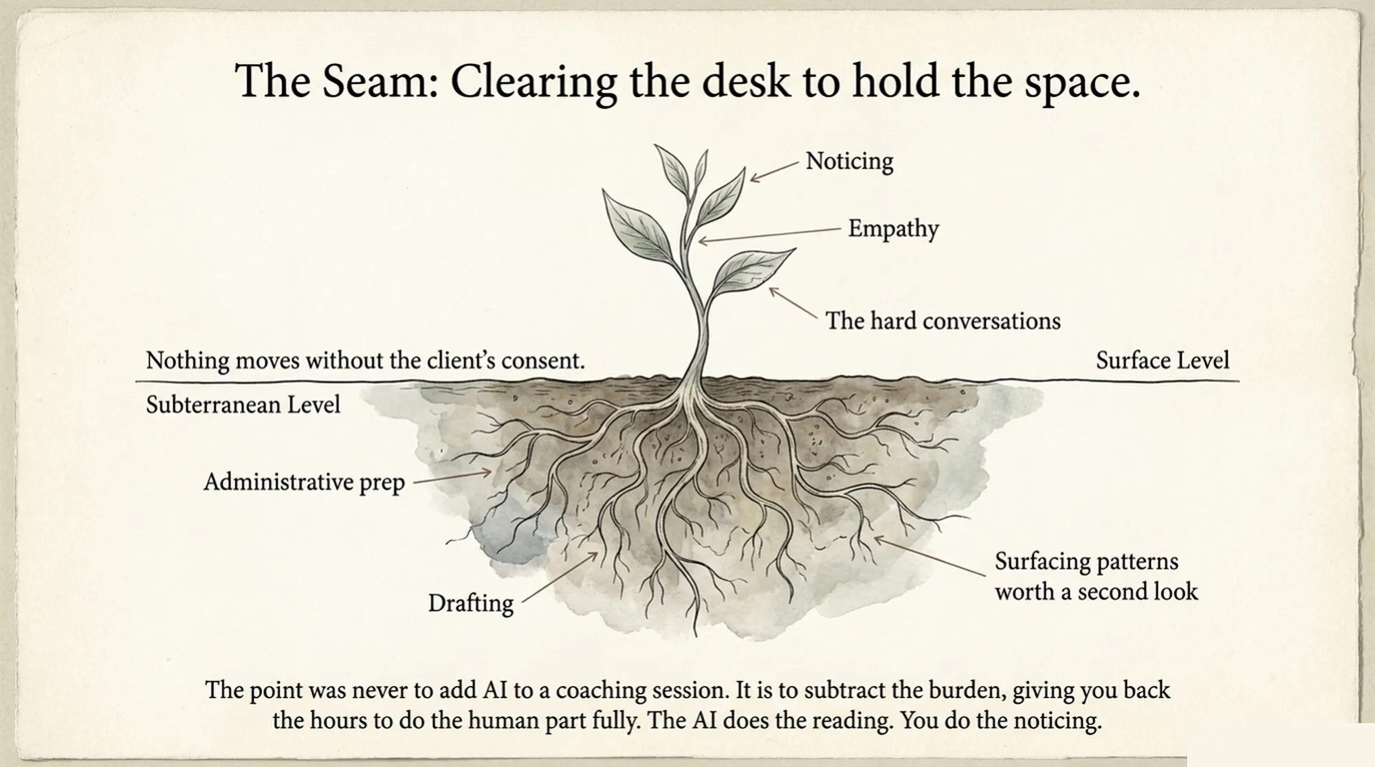 A botanical diagram titled "The Seam: Clearing the desk to hold the space." A seedling above the soil line is labeled Noticing, Empathy, and the hard conversations; its roots below are labeled Administrative prep, Drafting, and Surfacing patterns worth a second look. The caption reads: "The point was never to add AI to a coaching session. It is to subtract the burden, giving you back the hours to do the human part fully."