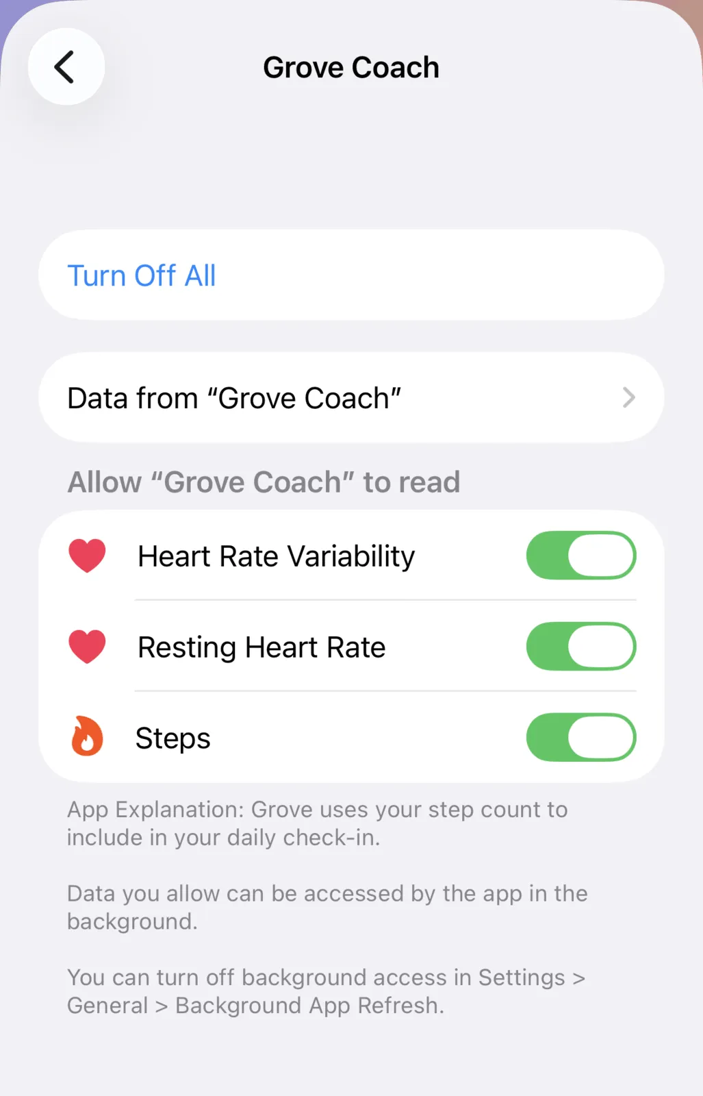 The Grove Coach permissions screen in Apple Health, with Heart Rate Variability, Resting Heart Rate, and Steps each switched on for Grove to read, and a note that the client controls this access.