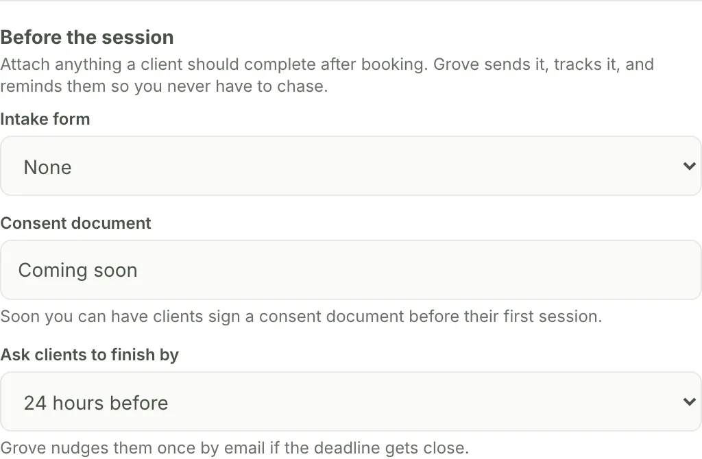 The Before the session section with the intake form picker, completion deadline, and the consent document slot