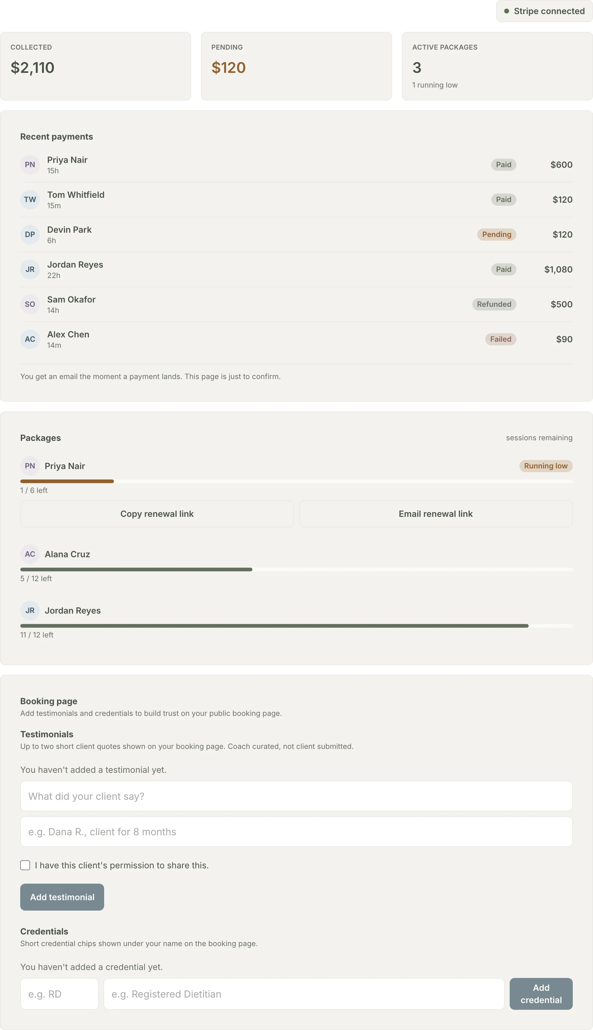 The Payments tab with collected and pending totals, the recent payments feed, and package balances with a running-low renewal