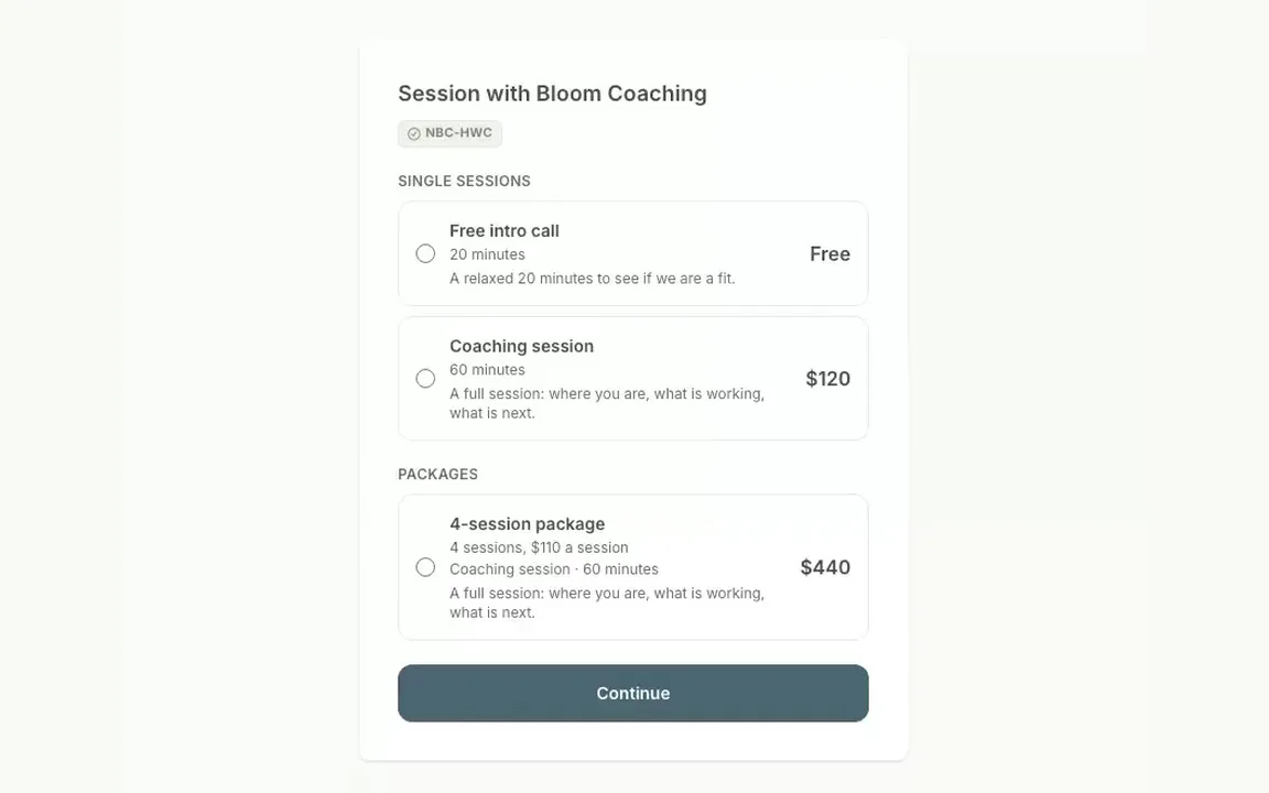 A client booking a session and paying in one step on a coach’s Grove booking page