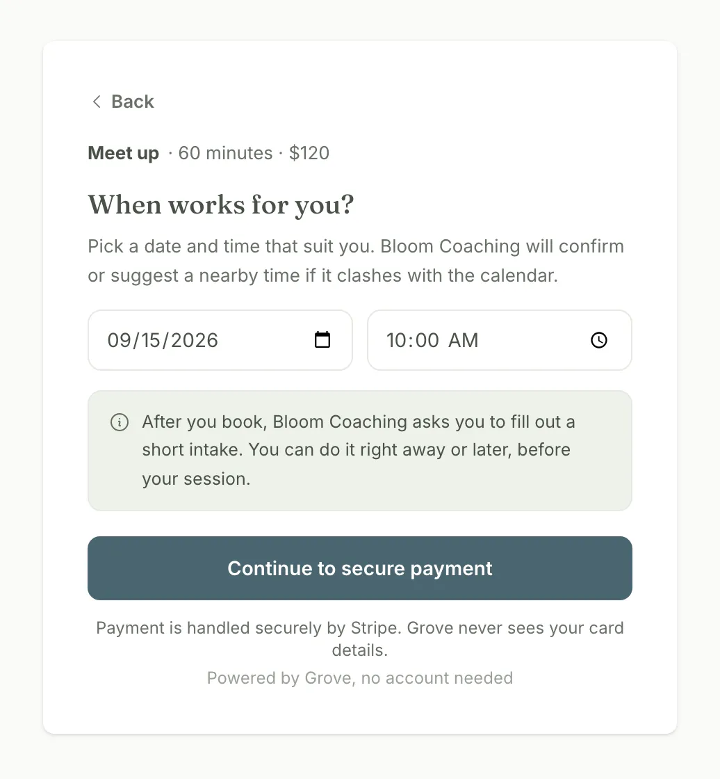 The booking payment step: a chosen session type, date and time picked, and a Continue to secure payment button with a note that Stripe handles the payment.