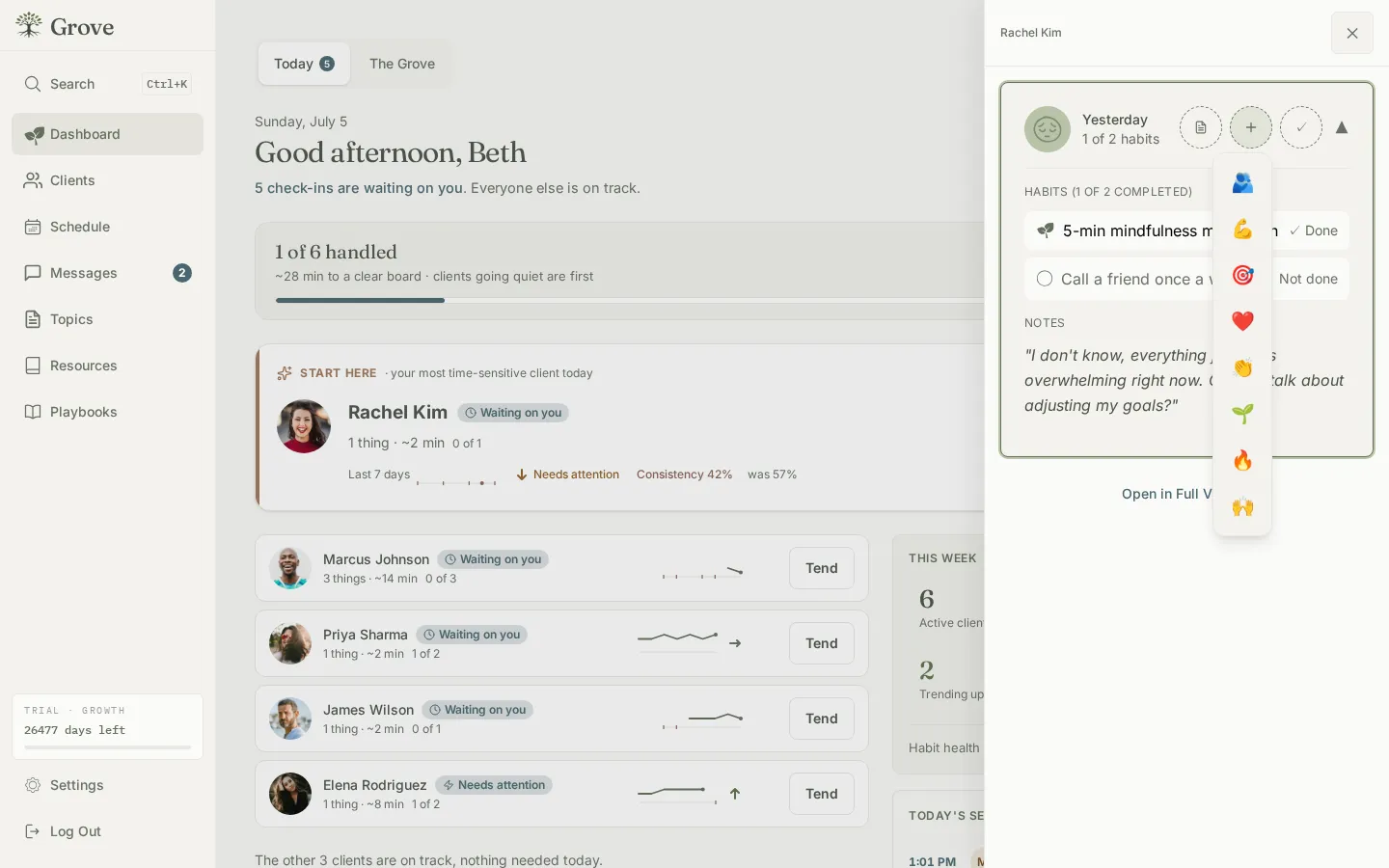 The emoji reaction picker open on a check-in, showing Grove's eight curated reactions
