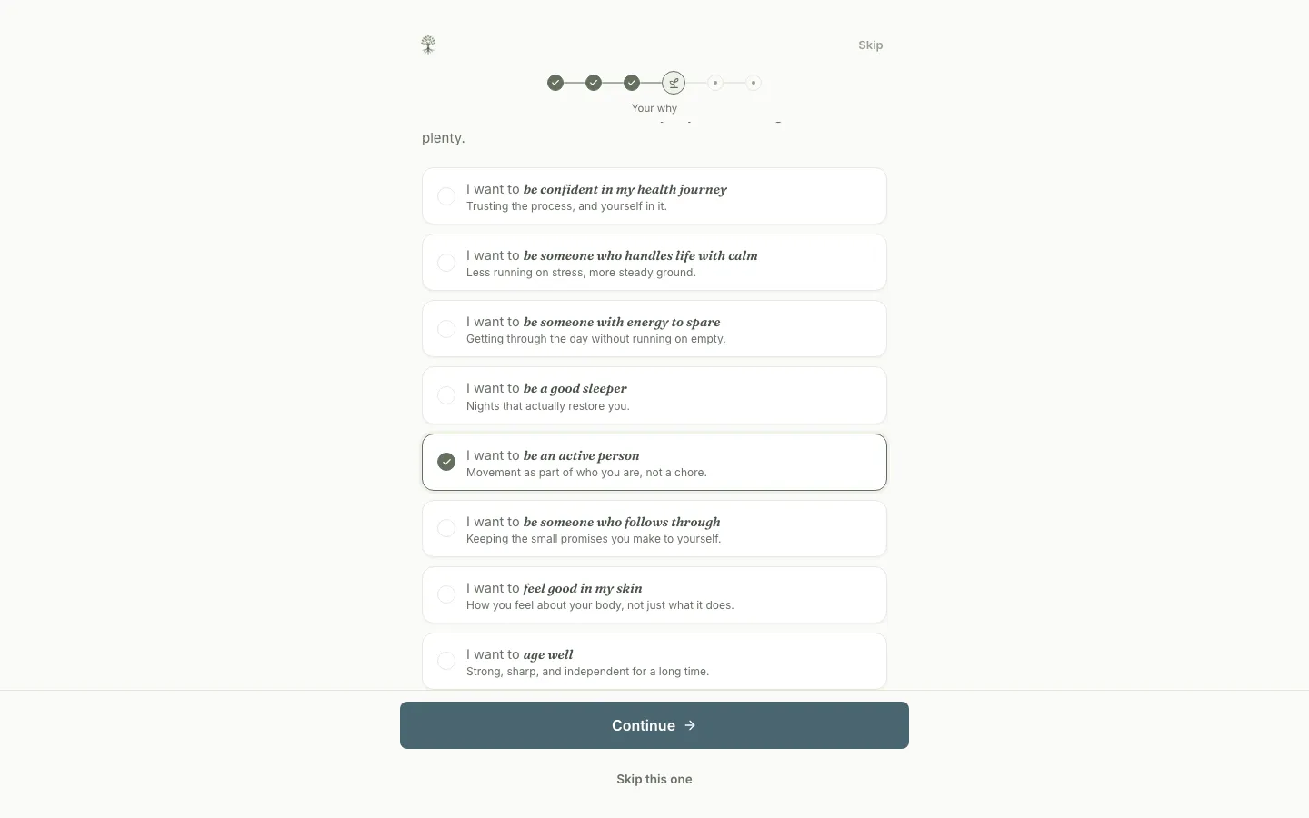 The client onboarding's identity question, Who do you want to be, with selectable identity statements and a skip link